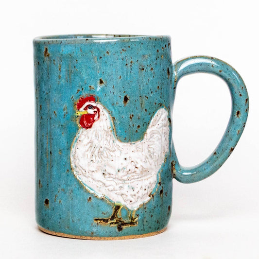 White Chicken Handmade Ceramic Blue Spangled 14 oz Mug *preorder
