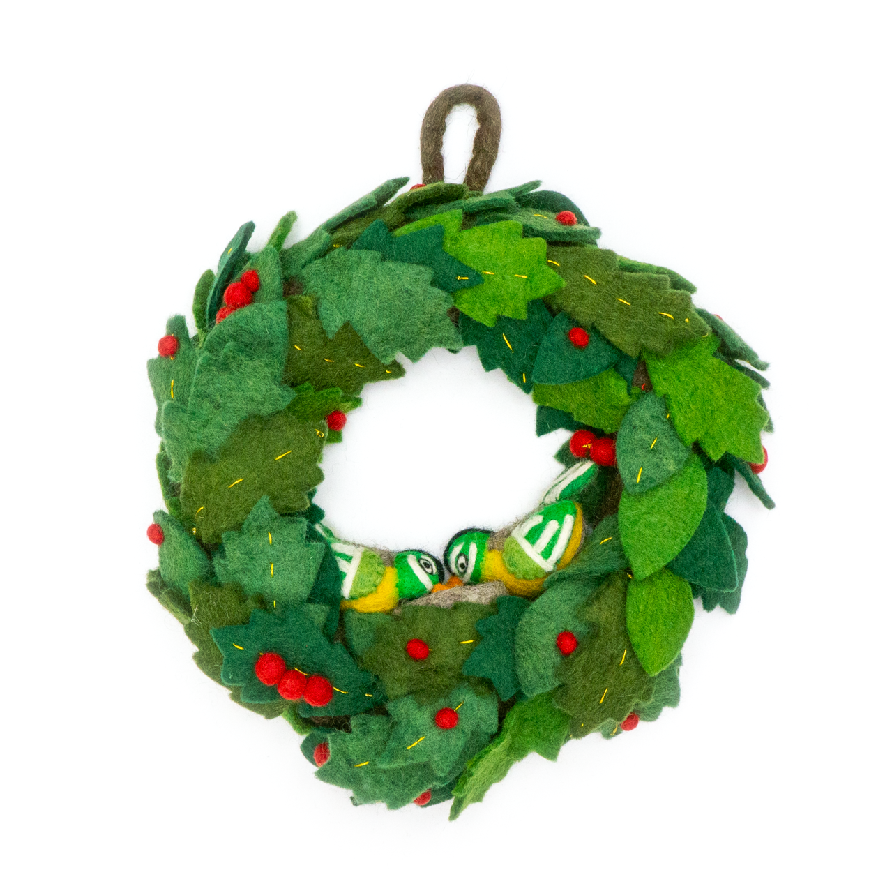 Festive Birds Holiday Mistletoe Felt Wool Wreath
