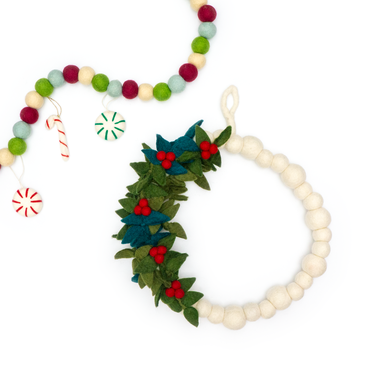 White Holiday Felt Wool Wreath with Red Berries