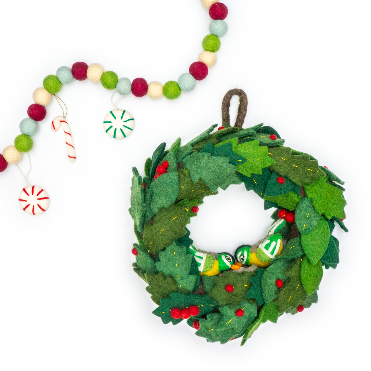 Festive Birds Holiday Mistletoe Felt Wool Wreath