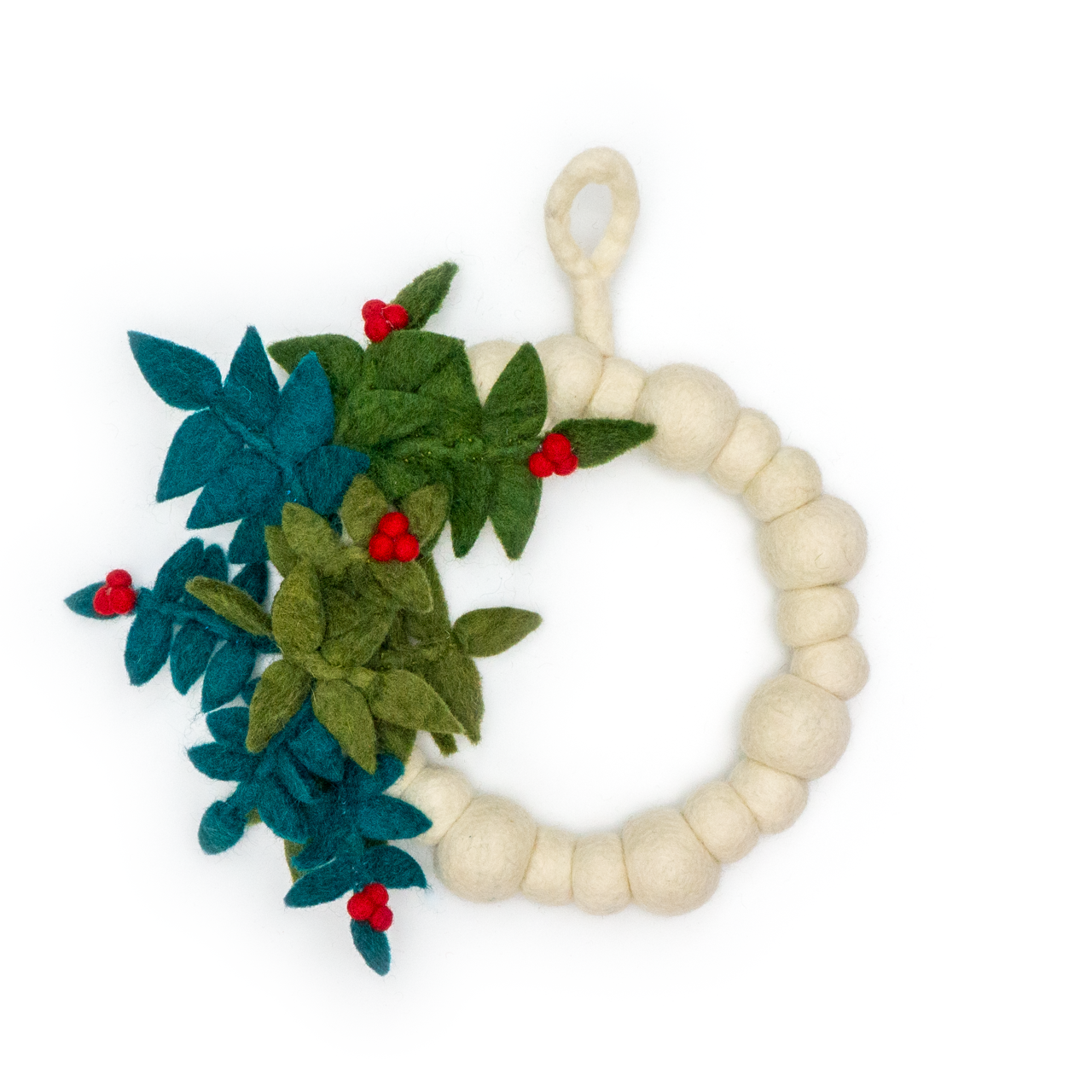 White Holiday Felt Wool Wreath with Red Berries